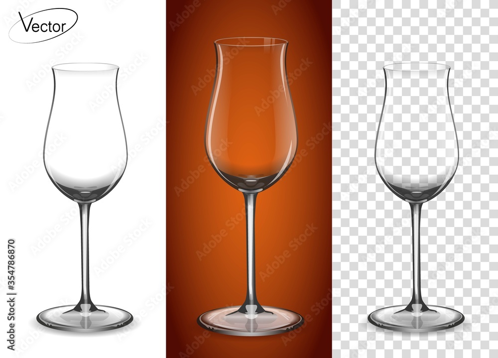 Realistic, highly detailed layout. The effect of 3d, vector. A glass for cognac and Armagnac. Empty glass on a transparent background and on a cognac background. Tableware for drinks made of glass. Realistic, highly detailed layout. The effect of 3d, vector. A glass for cognac and Armagnac. Empty glass on a transparent background and on a cognac background. Tableware for drinks made of glass.