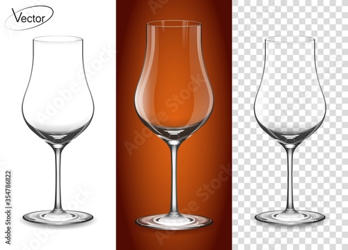 Realistic, highly detailed layout. A glass for cognac and Armagnac. Empty glass on a transparent background and on a cognac background. Tableware for drinks made of glass. The effect of 3d, vector.