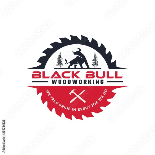 A strong carpenter's logo with a formidable black bull, woodworking logo, construction logo 