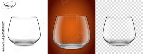 Empty glass on a transparent background and on a cognac background. Realistic, highly detailed layout. A glass for cognac and Armagnac. Tableware for drinks made of glass. The effect of 3d, vector.