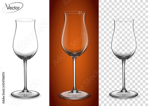 Realistic, highly detailed layout. The effect of 3d, vector. A glass for cognac and Armagnac. Empty glass on a transparent background and on a cognac background. Tableware for drinks made of glass.