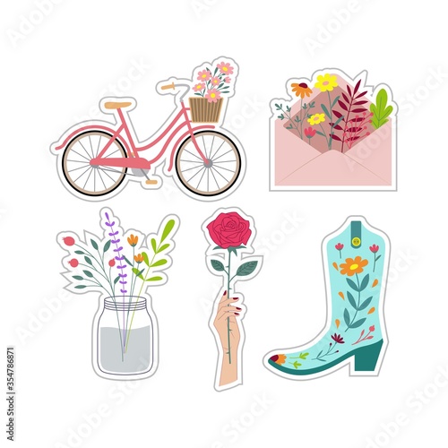 Cute patch floral stickers set vector design