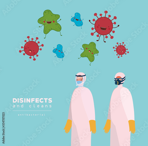 Men and covid 19 virus with protective suits vector design