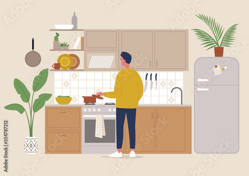 A young male character cooking meal in the boho style cozy kitchen, millennial lifestyle