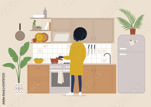 A young black female character cooking meal in the boho style cozy kitchen, millennial lifestyle