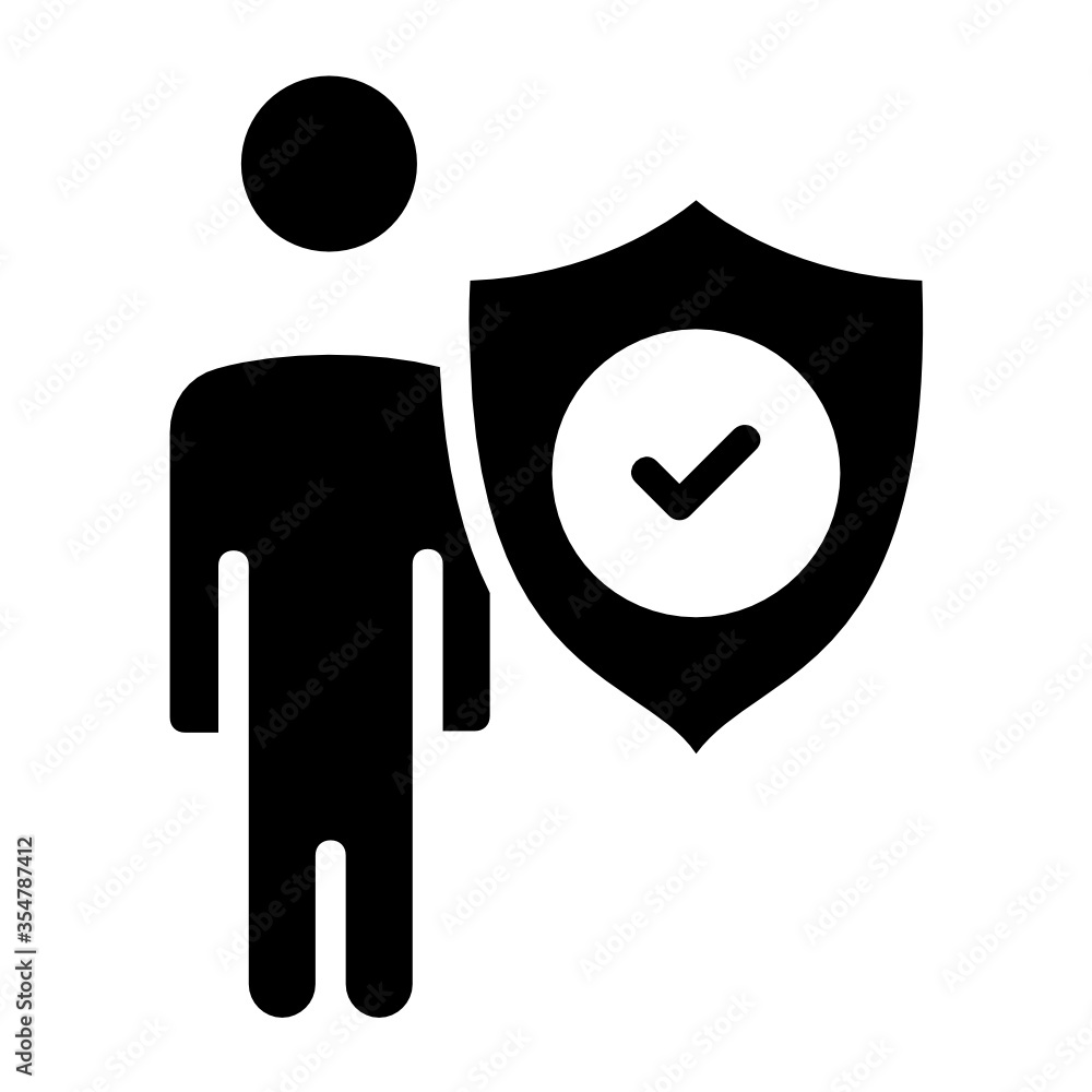 Employee Insurance Policy Concept, hrm symbol on white background, Man with shield vector icon design, Worker protection sign Employee Insurance Policy Concept, hrm symbol on white background, Man with shield vector icon design, Worker protection sign