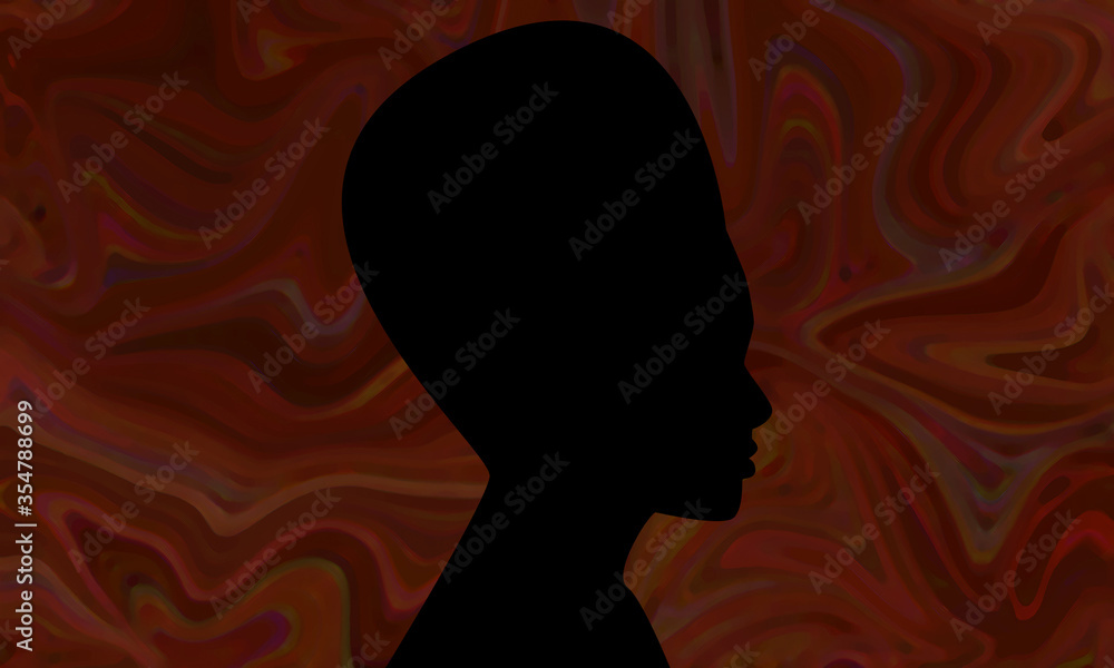 Black silhouette of side view of a woman with natural hair high afro against a brown, artistic, swirl background with a painted effect. Great for beauty banners, posters, flyers and promotions.