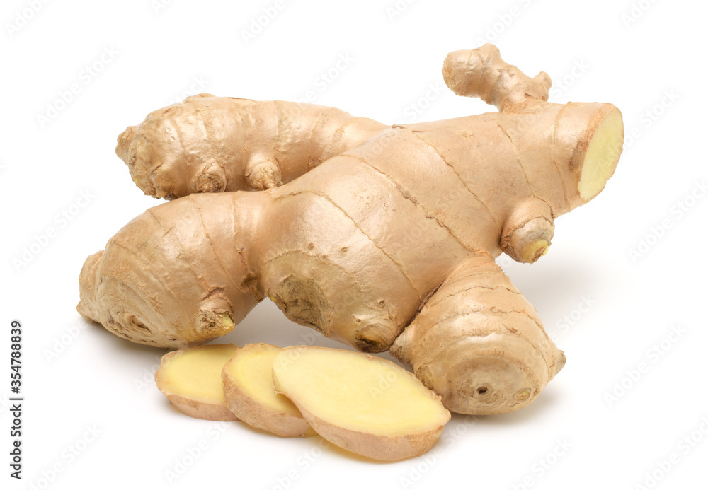 Close up,Fresh ginger root and sliced isolated on white background,For making herbal drinks. Close up,Fresh ginger root and sliced isolated on white background,For making herbal drinks.