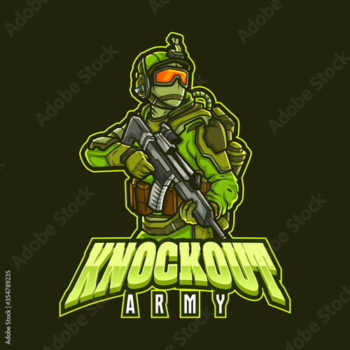 sports mascot logo design editable template gaming e sports soldier with gun 