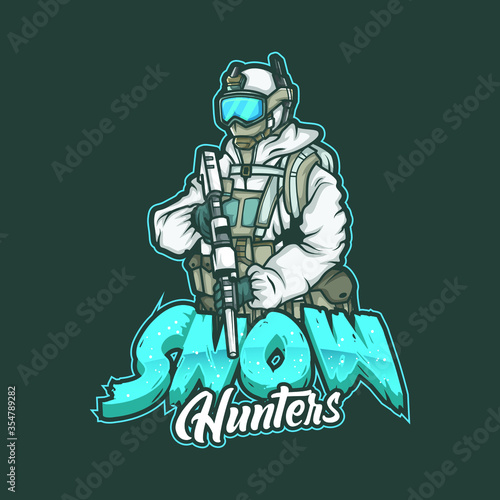 sports mascot logo design editable template gaming e sports snowman sniper soldier shooter with gun army snow winter