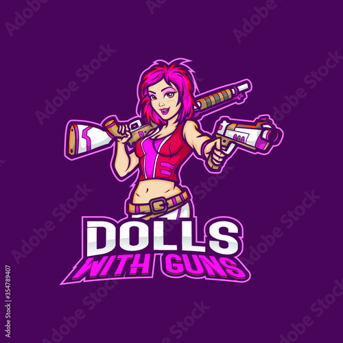 sports mascot logo design editable template gaming e sports girl soldier with guns pink lady warrior doll