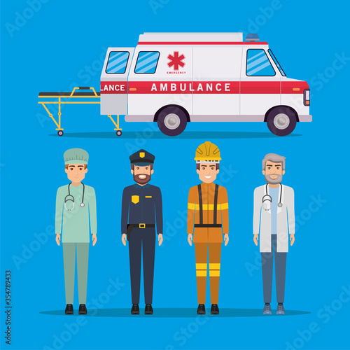 Ambulance paramedic police firefighter and doctor vector design