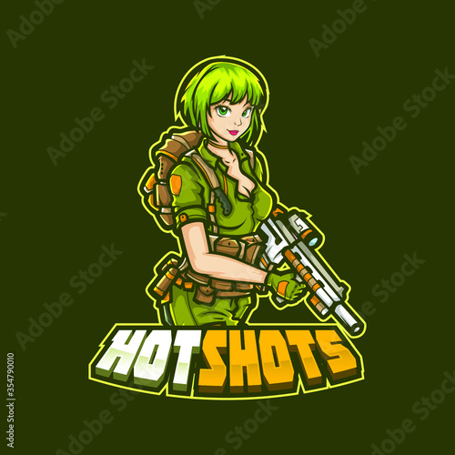 sports mascot logo design editable template gaming e sports girl soldier with gun lady women army