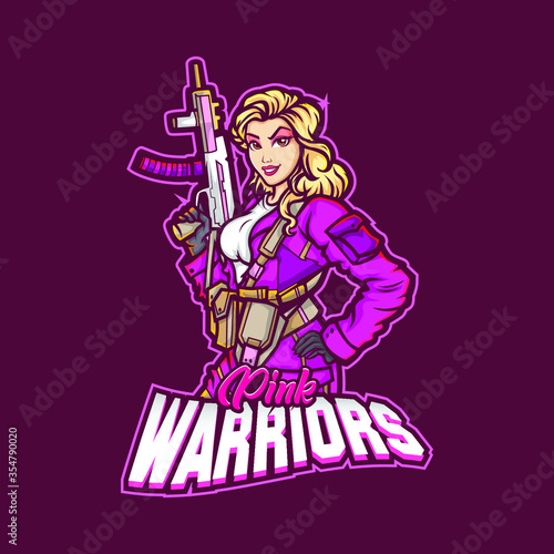 sports mascot logo design editable template gaming e sports girl soldier with gun warrior women
