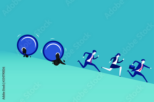 Oil price drop vector concept: Business people running downhill to avoid oil drums