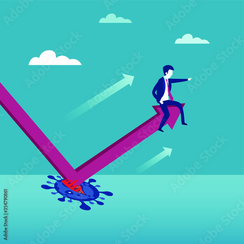 Business recovery vector concept: Businessman sitting on a moving upward chart after rebound
