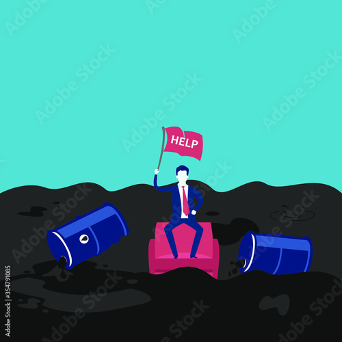 Oil price drop vector concept: Businessman sitting on sofa floating on oil holding a help flag