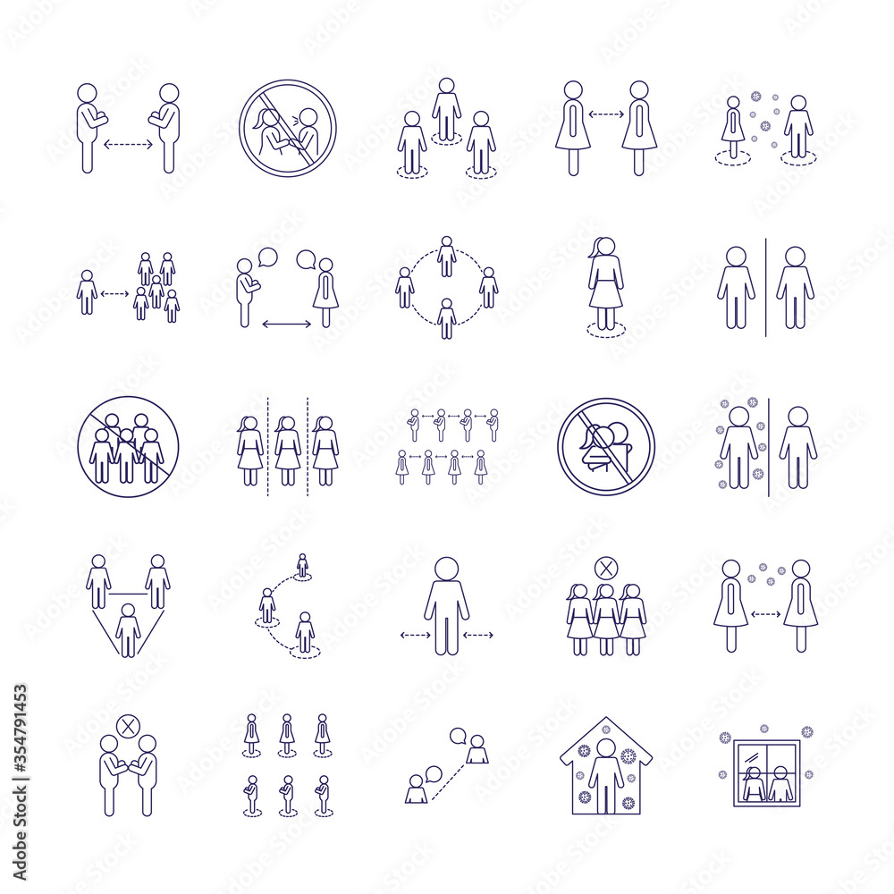 Social distancing line style icon set vector design Social distancing line style icon set vector design