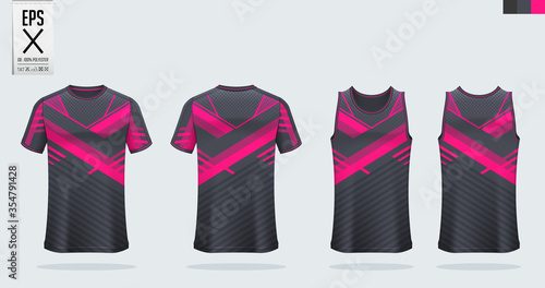 T-shirt mockup or sport shirt template design for soccer jersey or football kit. Tank top for basketball jersey or running singlet. Blue Pink Sport uniform in front view back view. Vector Illustration