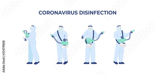 Disinfection Staff in protective suit holding chemical sprayer for sterilization and decontamination of viruses, infectious diseases.
Character design about worker killing coronavirus, COVID-19.