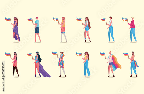 Women and men cartoons with costumes and lgtbi flags vector design