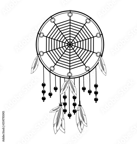 vector illustration white black image of dreamcatcher with feathers