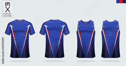 T-shirt mockup or sport shirt template design for soccer jersey or football kit. Tank top for basketball jersey or running singlet. Blue Sport uniform in front view back view. Vector Illustration.