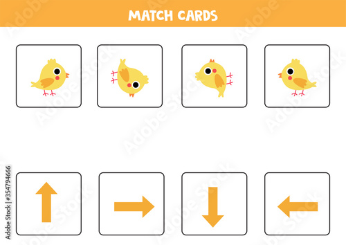 Orientation for kids. Match cards with arrows and cute cartoon chicken.