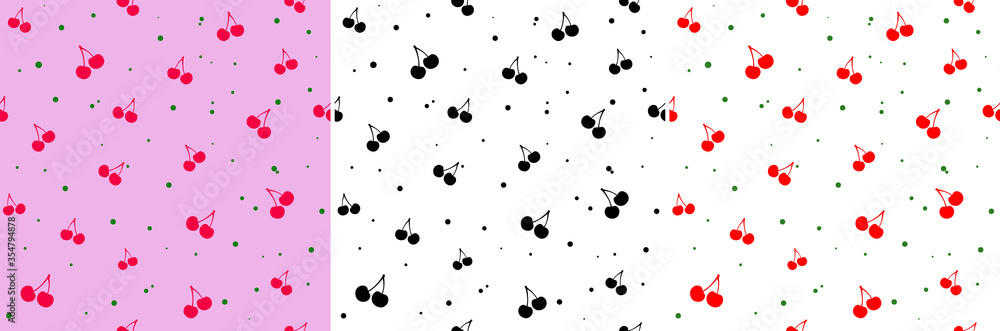 Seamless cherry pattern set. Black and white. Red cherries with green dots on a white background. Red cherries with green dots on a pink background. Vector. EPS 10 Seamless cherry pattern set. Black and white. Red cherries with green dots on a white background. Red cherries with green dots on a pink background. Vector. EPS 10