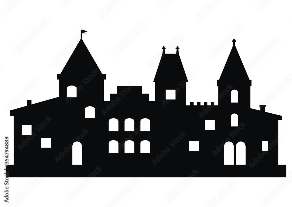 castle with towers, vector icon, black silhouette on white background