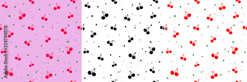 Seamless cherry pattern set. Black and white. Red cherries with green dots on a white background. Red cherries with green dots on a pink background. Vector. EPS 10