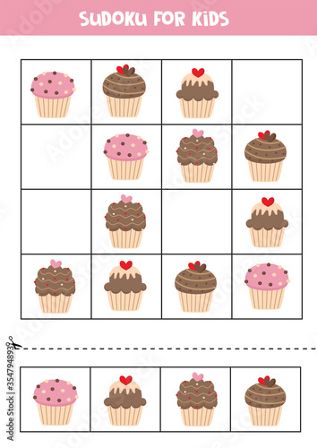 Sudoku for kids with cute cartoon cupcakes.