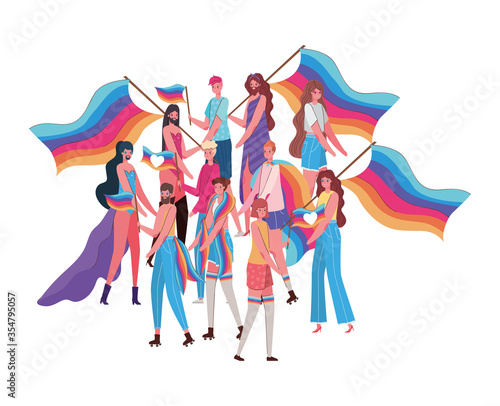 Women and men cartoons with costumes and lgtbi flags vector design