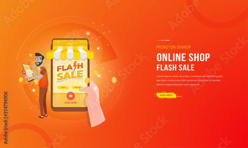 Illustration of hand holding a smartphone with e-commerce promotion concept