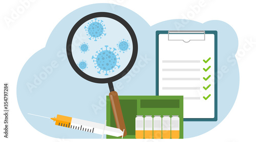 Vaccination. Syringe with vaccine, vaccination banner with tube of vaccine. Vector illustration.