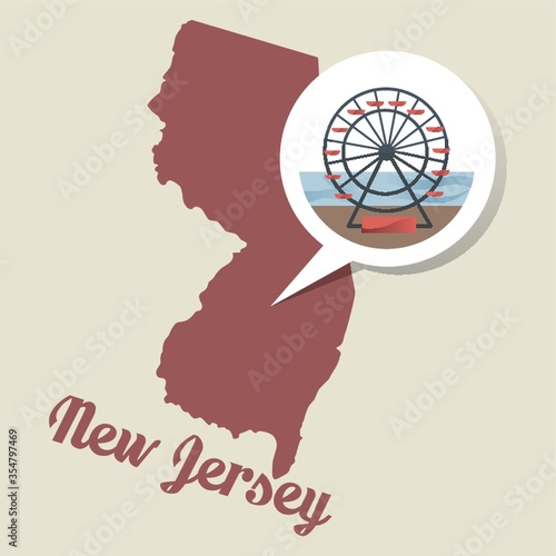 New jersey map with atlantic city boardawalk icon