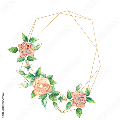 Gold geometric frame decorated with flowers. Peach roses, green leaves, open ...