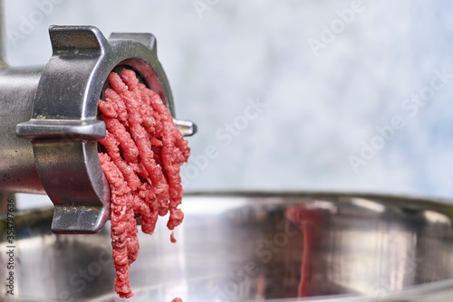 Electric meat grinder. Kitchen tool to mince meat. Meat grinding, preparing food ingredients. Vegan Worst Nightmare