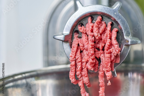 Electric meat grinder. Kitchen tool to mince meat. Meat grinding, preparing food ingredients. Vegan Worst Nightmare photo