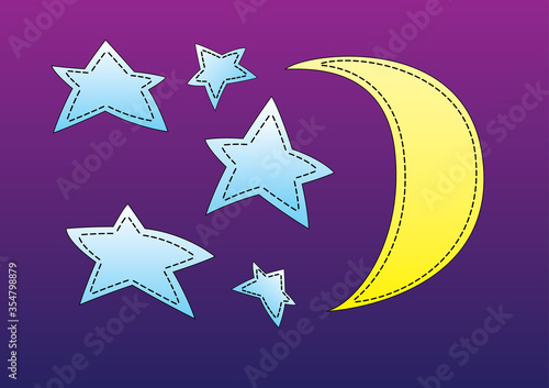 cartoon appliqu   with moon and stars stitched on purple background