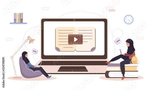 Online education. Flat design concept of training and video tutorials. Student learning at home. Vector illustration for website banner, marketing material, presentation template, online advertising.
