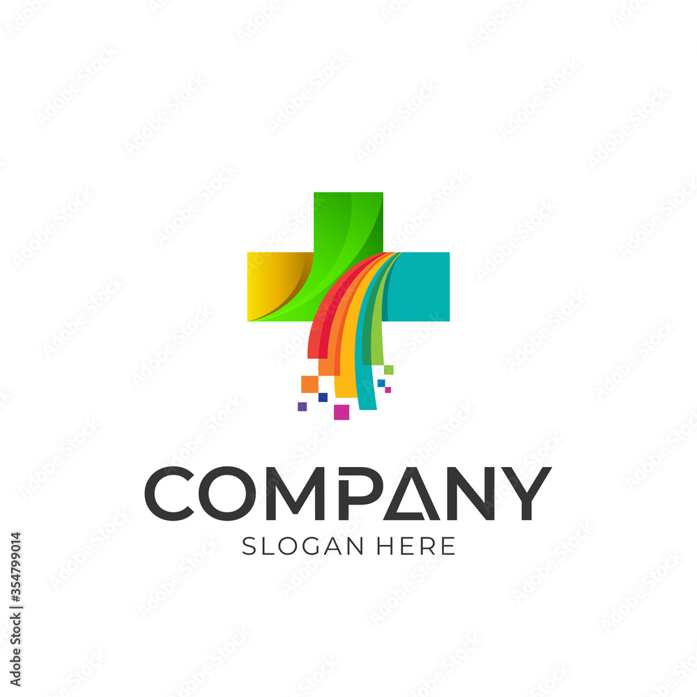 Vector logo of medical cross combined with pixel motion. Colorful logo style. Healthy icon. Abstract tech. Logotype for template. Vector logo of medical cross combined with pixel motion. Colorful logo style. Healthy icon. Abstract tech. Logotype for template.