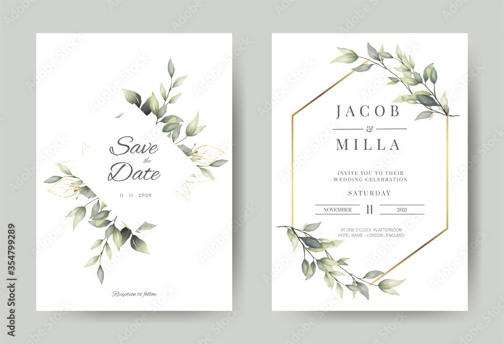 wedding invitation card with greenery watercolor branch leaf and gold frame in minimalist style