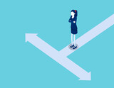 A woman is standing on a road divided into two opposite direction. Isometric business vector style