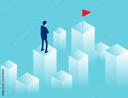 Businessman looking into the distance where there is a red flag. Goal of way, Isometric business vector style