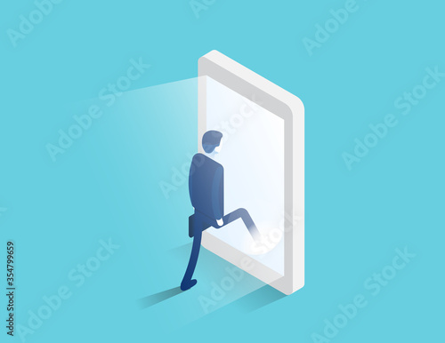 Businessman enters a glowing smartphone screen. Digital portal and access. Isometric business vector design photo