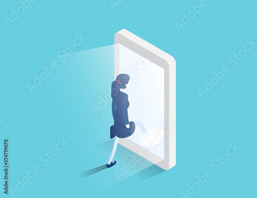 Businessman enters a glowing smartphone screen. Digital portal and access. Isometric business vector design