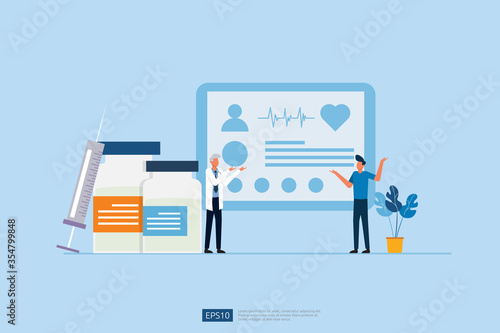 Time to vaccinate concept with doctor, medical injection and vial of medicine. vaccine medicine bottle treatment for coronavirus infection. COVID-19 Virus Vaccine illustration
