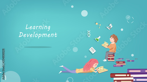 Education, learning skill and development, children reading book, cute cartoon vector, thinking idea creativity, flat design background web page illustration