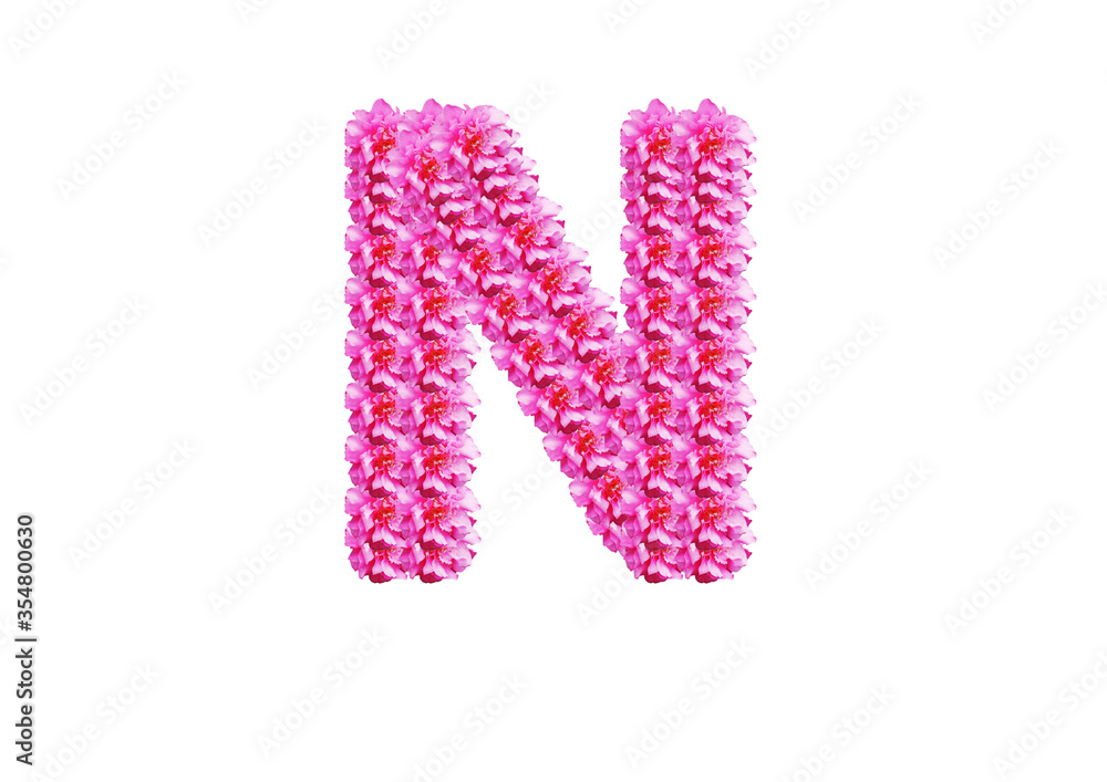 The letter is made of pink flowers on a white background. Spring concept Floral letters of the alphabet for wedding design or flower festival